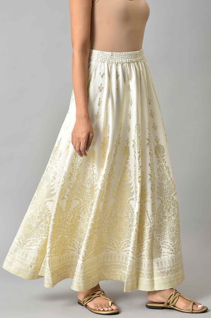 White Floral Printed Flared Woven Skirt With Elasticated Waist — photo 4
