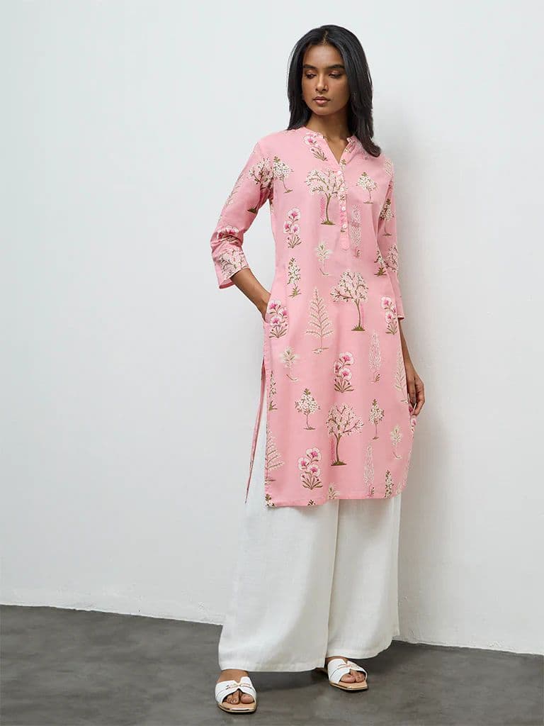 Utsa Pink Floral Pattern Cotton Straight Kurta — photo 2