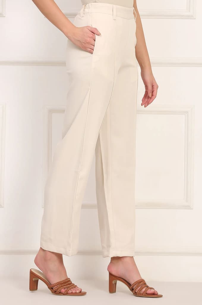 Beige Solid Straight Woven Pant Pant with YKK Zipper — photo 3