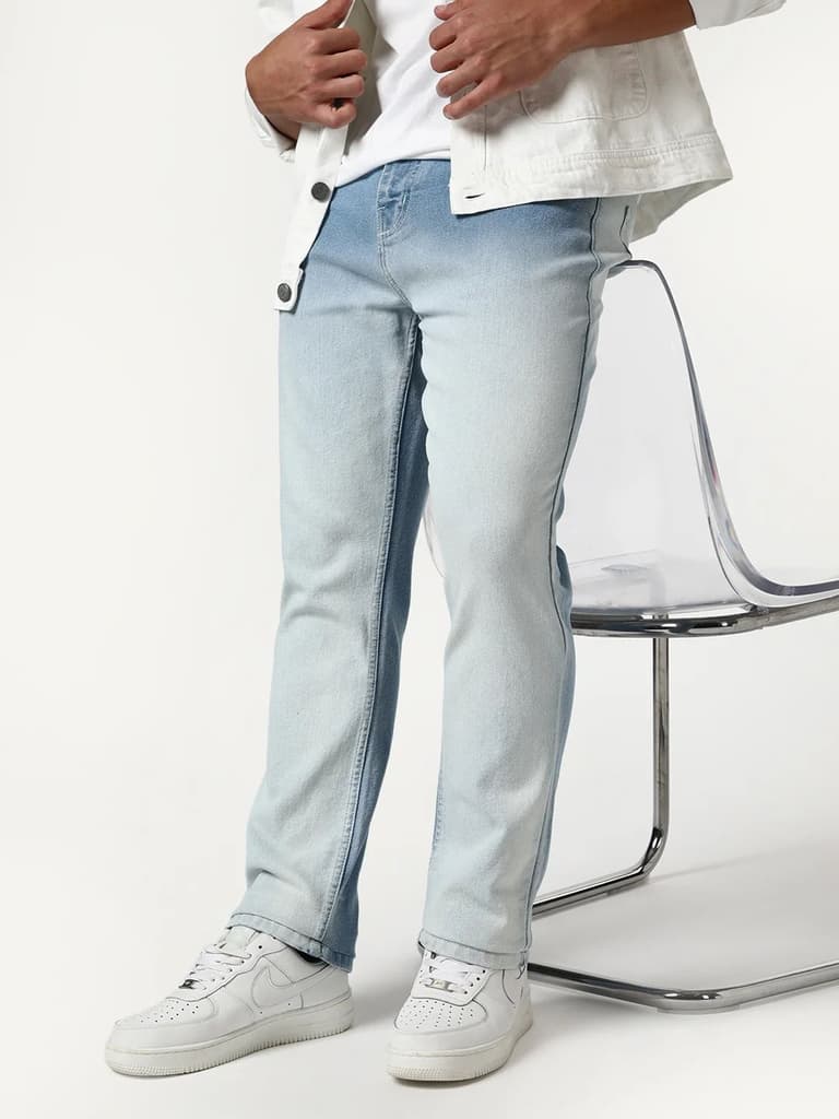 Men's Ice Blue Straight Fit Heavy Washed Faded Denim Jeans Stretchable — photo 2