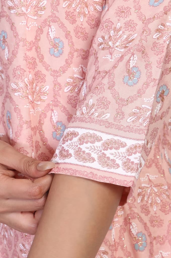 Pink Floral Printed Rayon A-Line Kurta with Straight Pant Set — photo 7