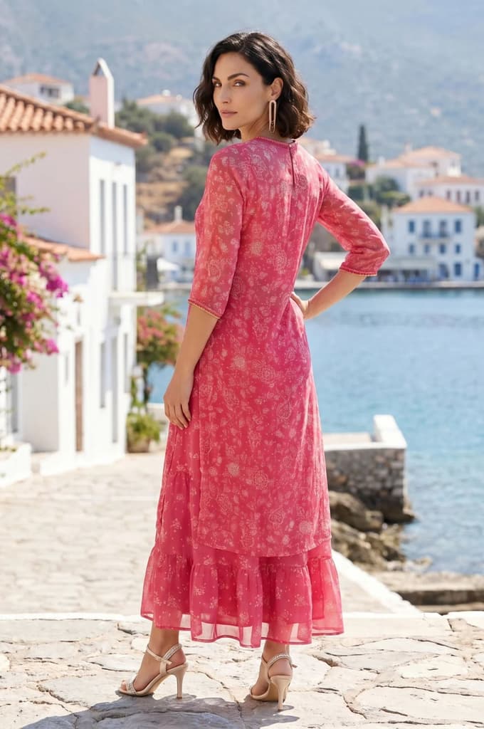 Pink Bandhani Printed Chiffon Gillet, Spaghetti Crop Top and Flared Culottes Set — photo 4