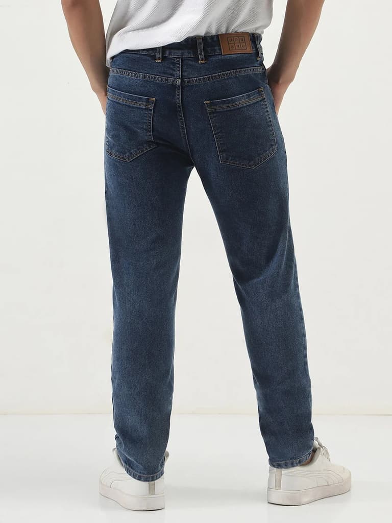 Men's Dark Blue Slim Fit Washed Denim Jeans Stretchable — photo 3
