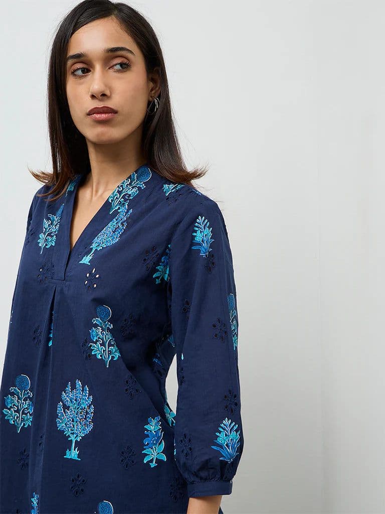 Utsa Navy Floral Printed Cotton Tunic — photo 3