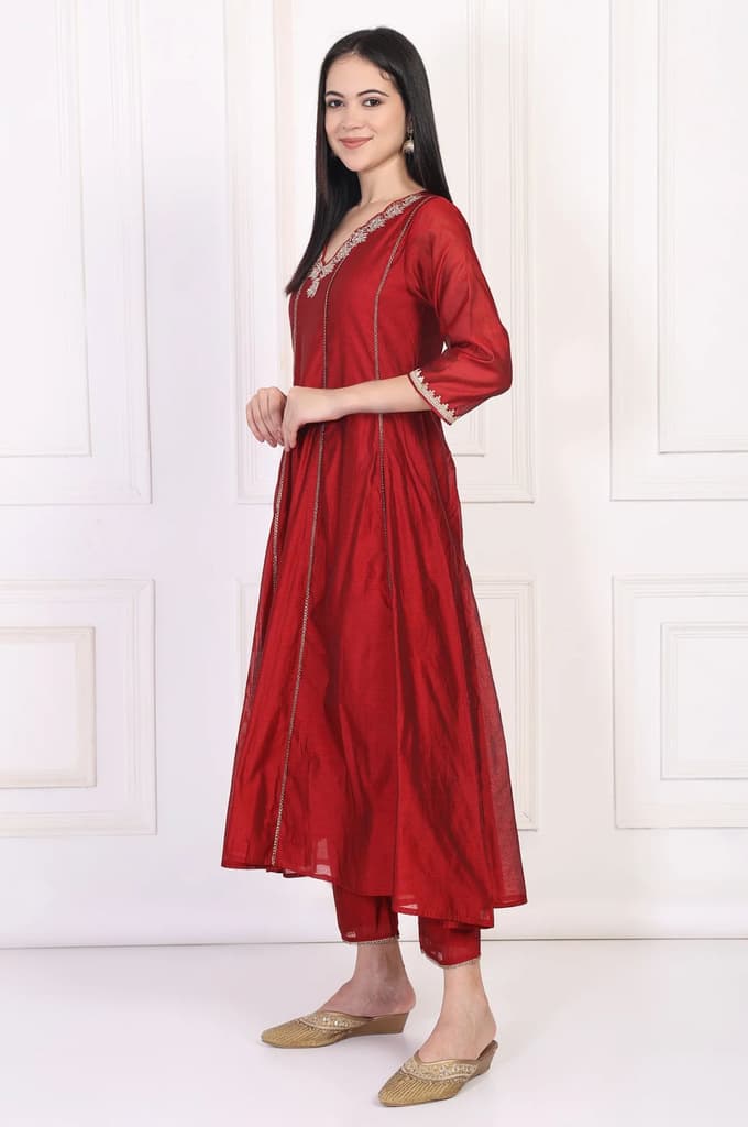 Maroon Embroidered Anarkali Art Silk Kurta with Straight Pant and Dupatta Set — photo 4