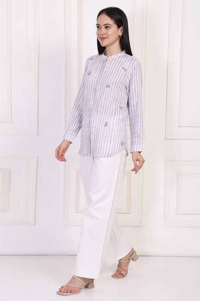 White Striped Printed Thread Embroidered Straight Top — photo 4