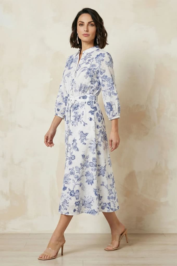 White Floral Printed Pure Cotton A-line Shirt Dress with Fabric Belt — photo 4
