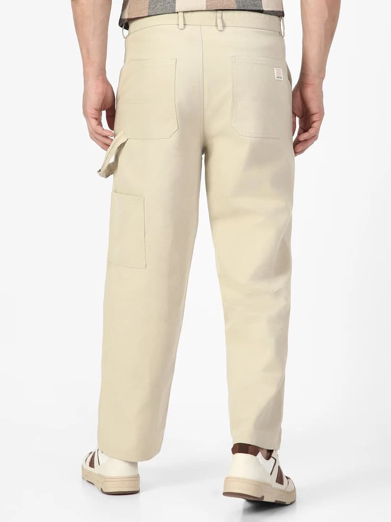 Men's Cream Loose Baggy Fit Solid Carpenter Trouser Pant with 5 Pockets Non-Stretchable — photo 3