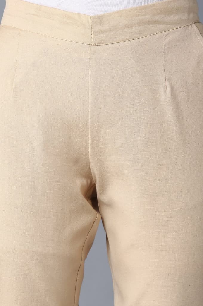 Beige Solid Straight Fit Cotton Trousers With Elasticated Waistband — photo 6