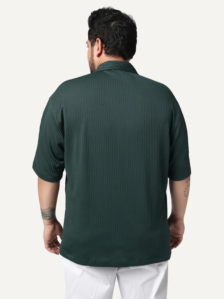 Plus Men's Dark Green Cotton Half Sleeve Oversized Fit Textured Shirt with Cuban Collar — photo 3