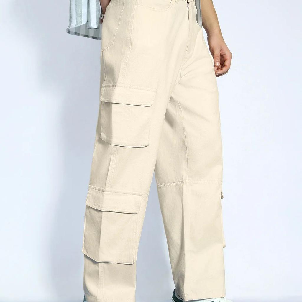 Men's Cream Loose Baggy Fit Cargo Chino Pant with 8 Pockets Stretchable