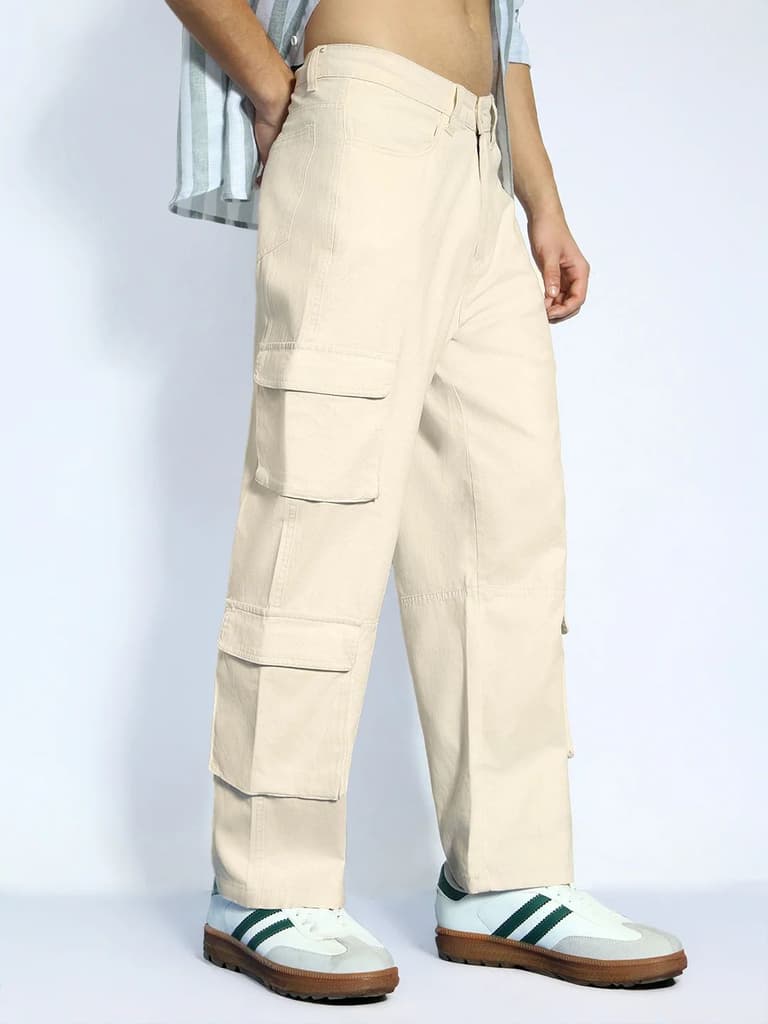 Men's Cream Loose Baggy Fit Cargo Chino Pant with 8 Pockets Stretchable — 28 / Cream