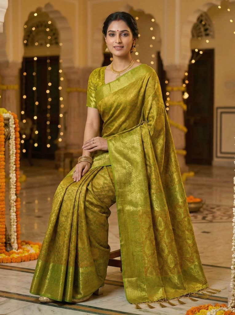 MIMOSA Women's Woven Design Kanjivaram Style Art Silk Saree with Blouse Piece - Olive ( SA00003144OLFREE ) — photo 4