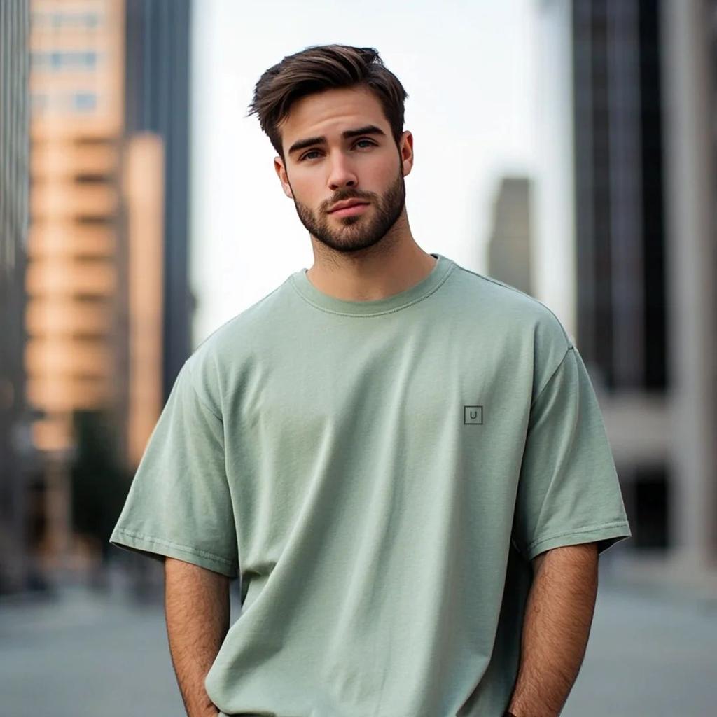Men's Granite Green Solid Round Neck Oversized Half Sleeve Cotton T-Shirt