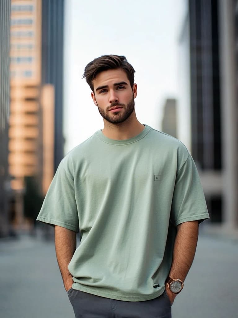 Men's Granite Green Solid Round Neck Oversized Half Sleeve Cotton T-Shirt — S / Granite Green