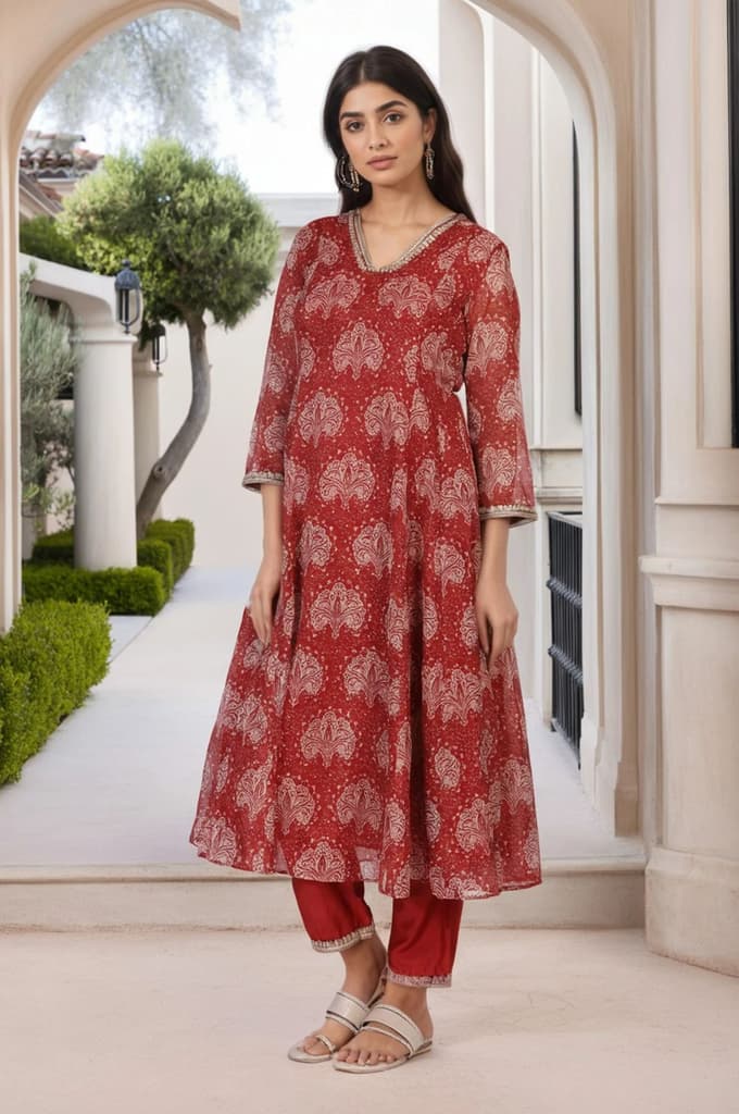 Red Ethnic Motifs Printed Embellished Anarkali Organza Kurta with Straight Pant and Dupatta Set — photo 6