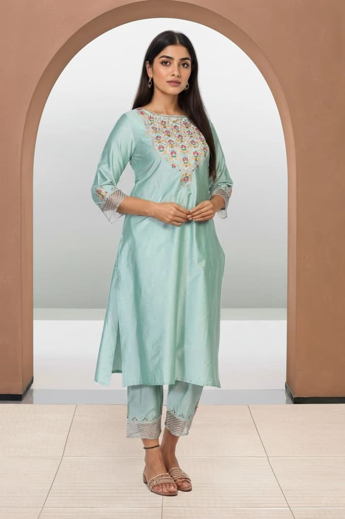 Green Embroidered Straight Jacquard Kurta with Straight Pant and Dupatta Set — photo 4