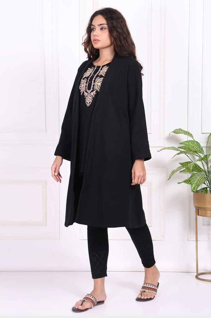 Black Embroidered Straight Woven Coat — photo 3
