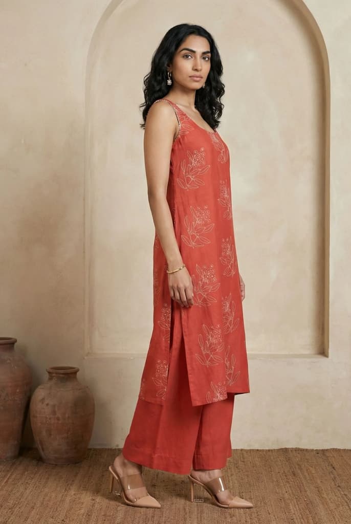 Rust Floral Printed Rayon Blend Straight Kurta with Flared Pants Co-ord Set — photo 6