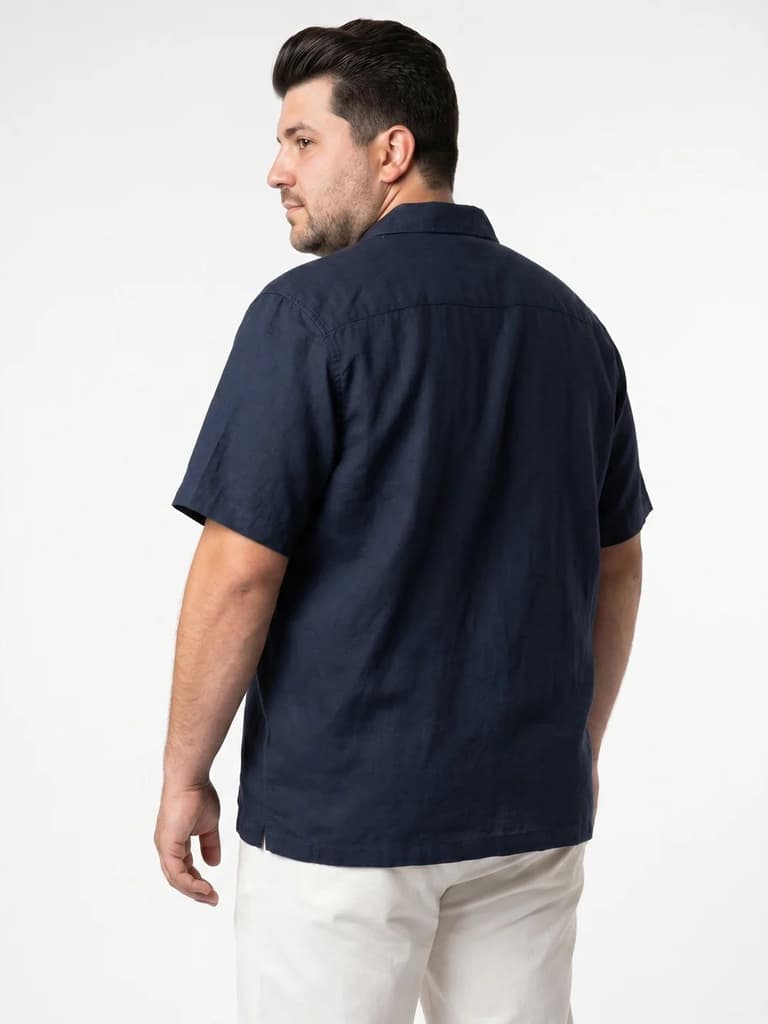 Plus Men's Navy Linen Half Sleeve Oversized Fit Shirt with Cuban Collar — photo 3