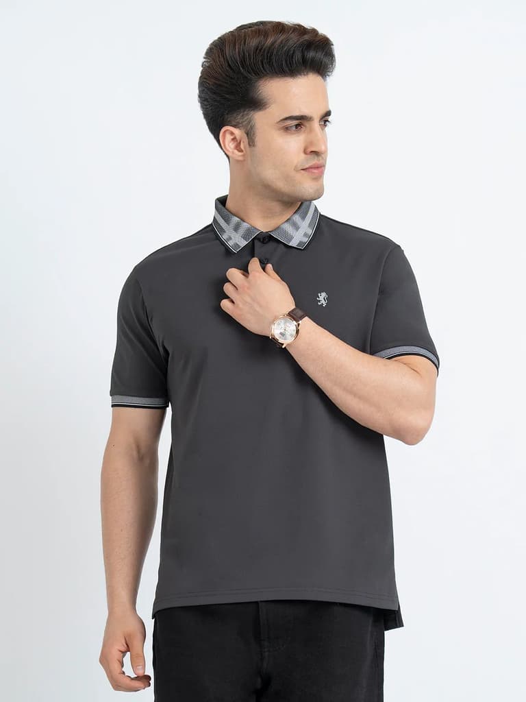 T Shirts for Men in Charcoal Grey | Jacquard Polo T Shirt — S / Charcoal Grey