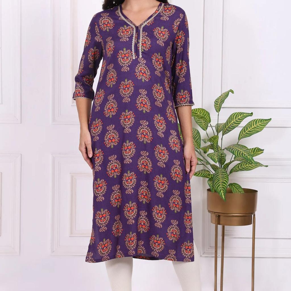 Purple Floral Printed Lace Rayon Straight Kurta