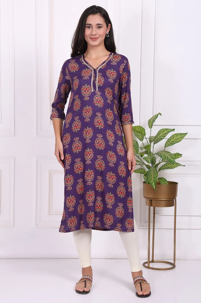 Purple Floral Printed Lace Rayon Straight Kurta — XS