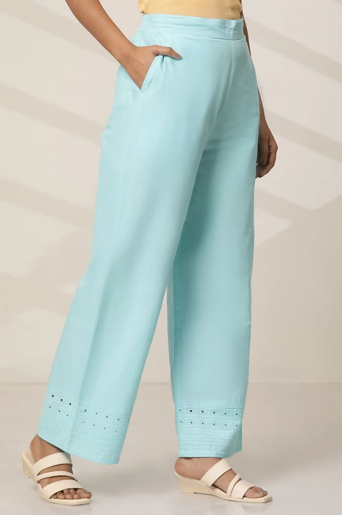 Sky Blue Embroidered Wide Leg Cotton Palazzo With Elasticated Waist — photo 2