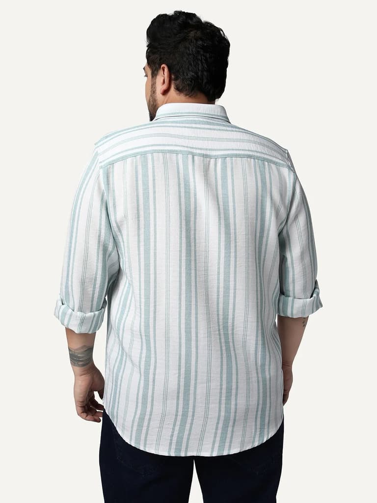Plus Men's Light Blue Cotton Full Sleeve Relaxed Fit Linen Striped Shirt with Spread Collar — photo 3