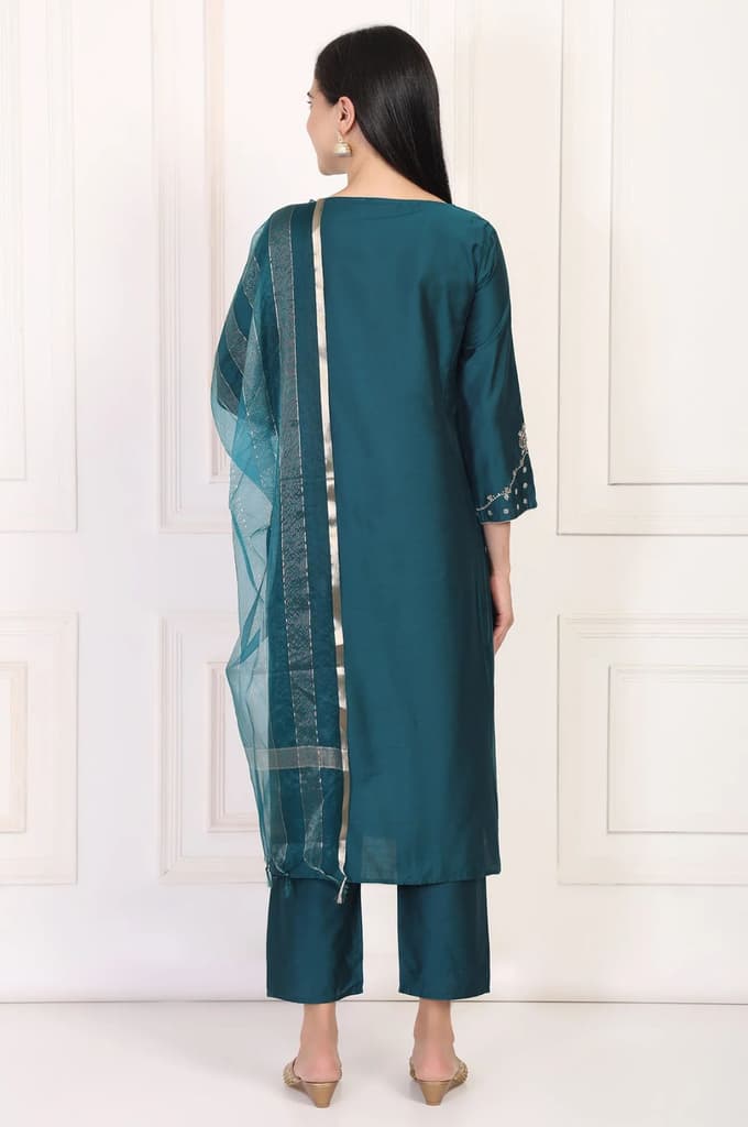 Teal Embroidered Straight Kurta with Straight Pants and Dupatta Set — photo 5