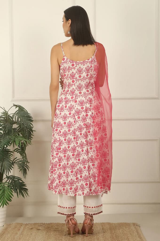 White and Pink Printed Cotton Lurex Anarkali Spaghetti Kurta, Pants and Dupatta Set — photo 6
