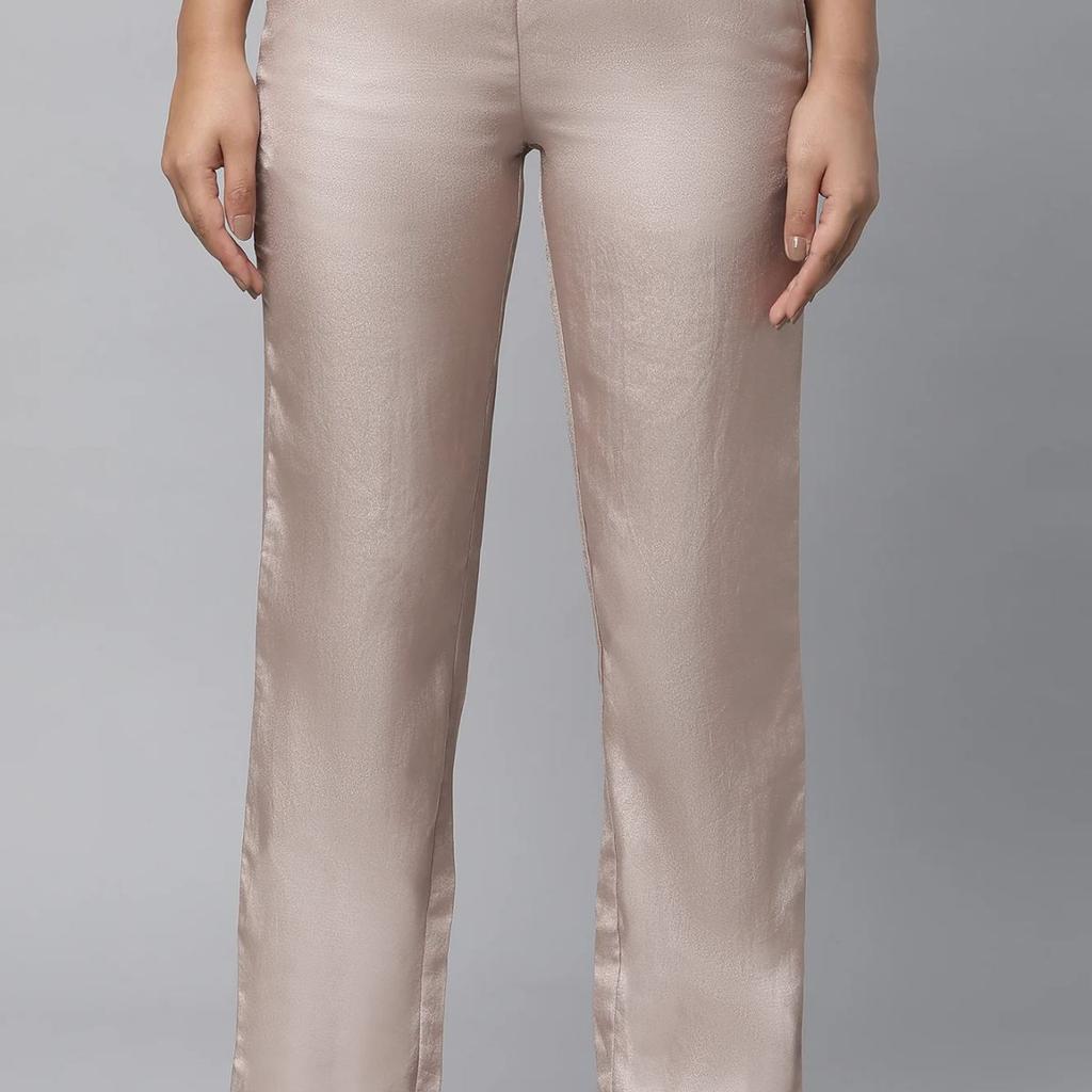 Gold Solid Straight Fit Satin Pants With Elasticated Waist