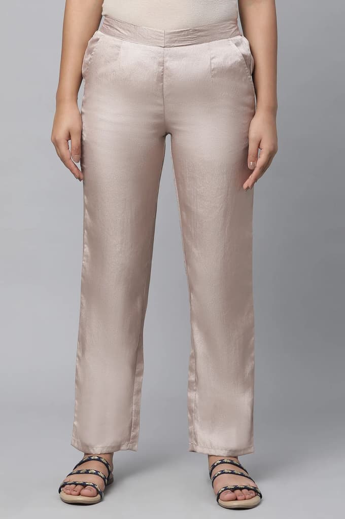 Gold Solid Straight Fit Satin Pants With Elasticated Waist