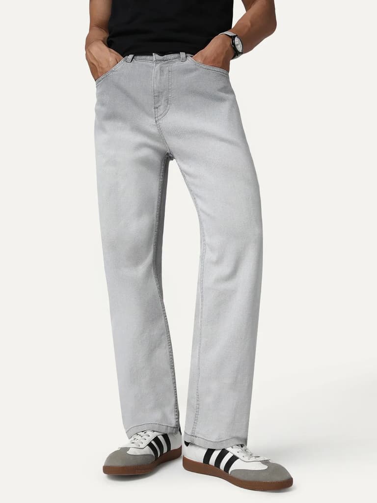 Men's Ice Grey Straight Fit Heavy Washed Faded Denim Jeans Stretchable — photo 2