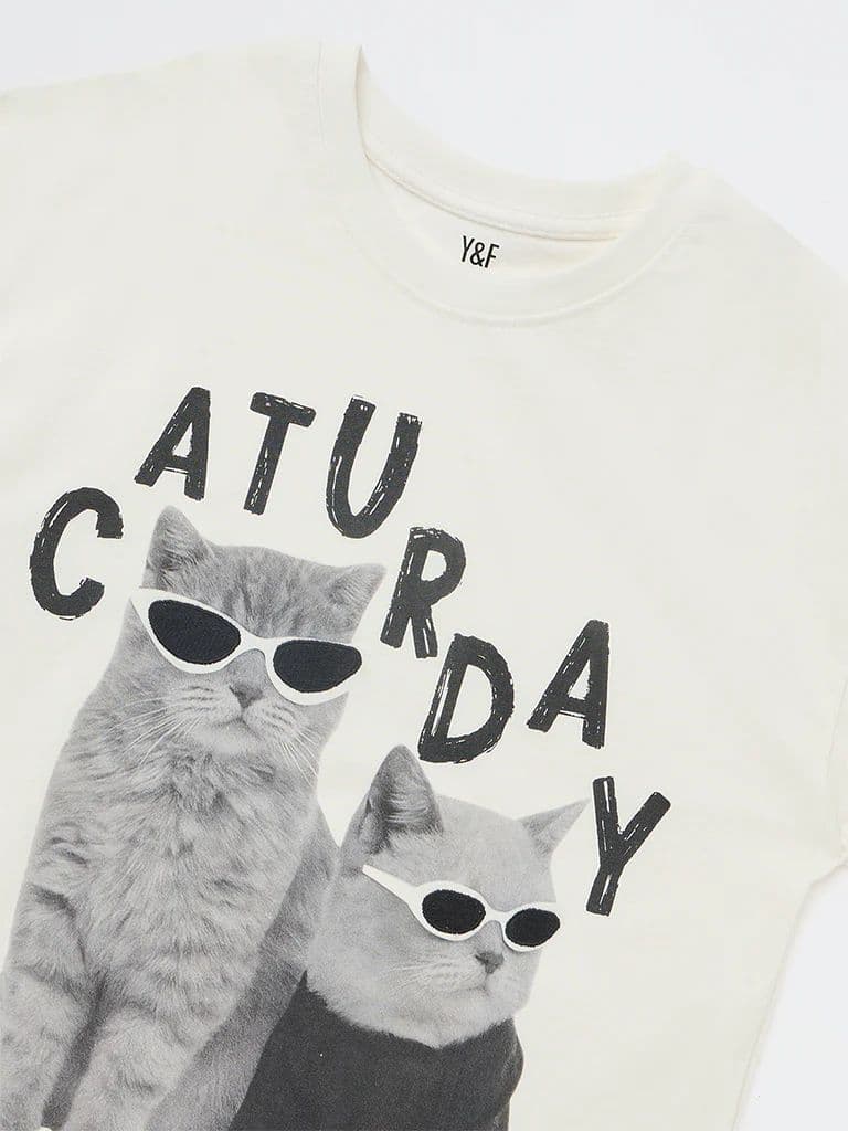Y&F Kids Girls White Printed Cotton T-Shirt — photo 6