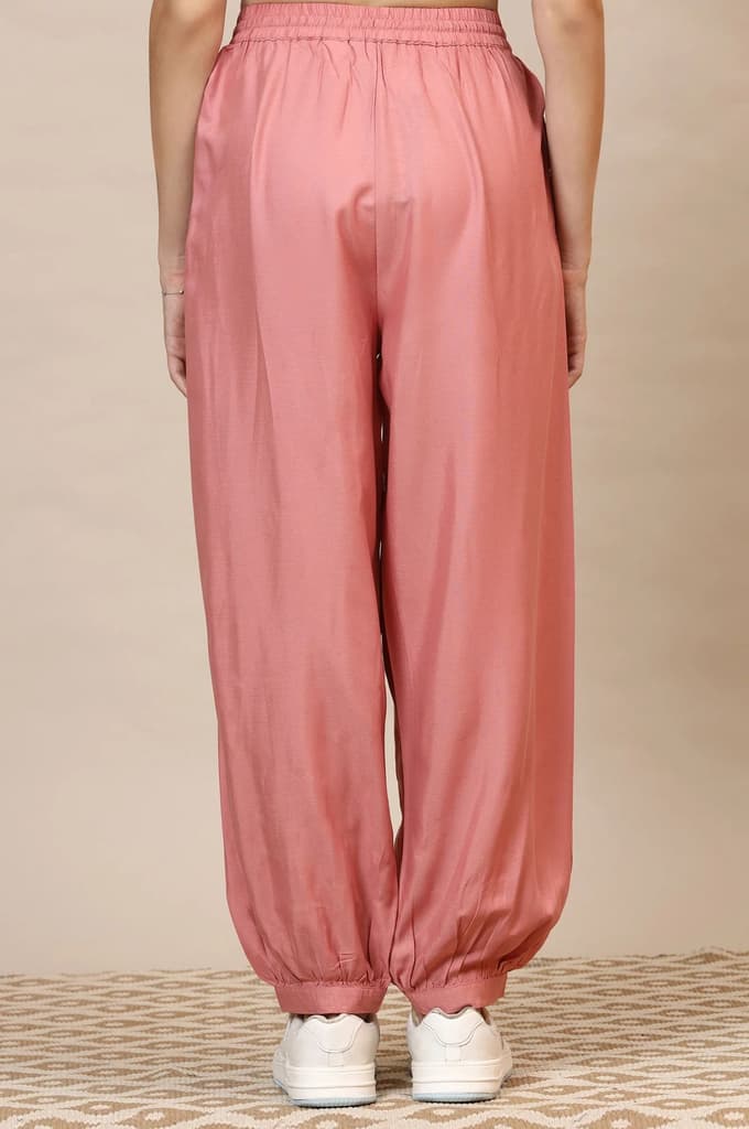 Pink Solid Loose Fit Rayon Dhoti Pants With Drawstring — photo 4