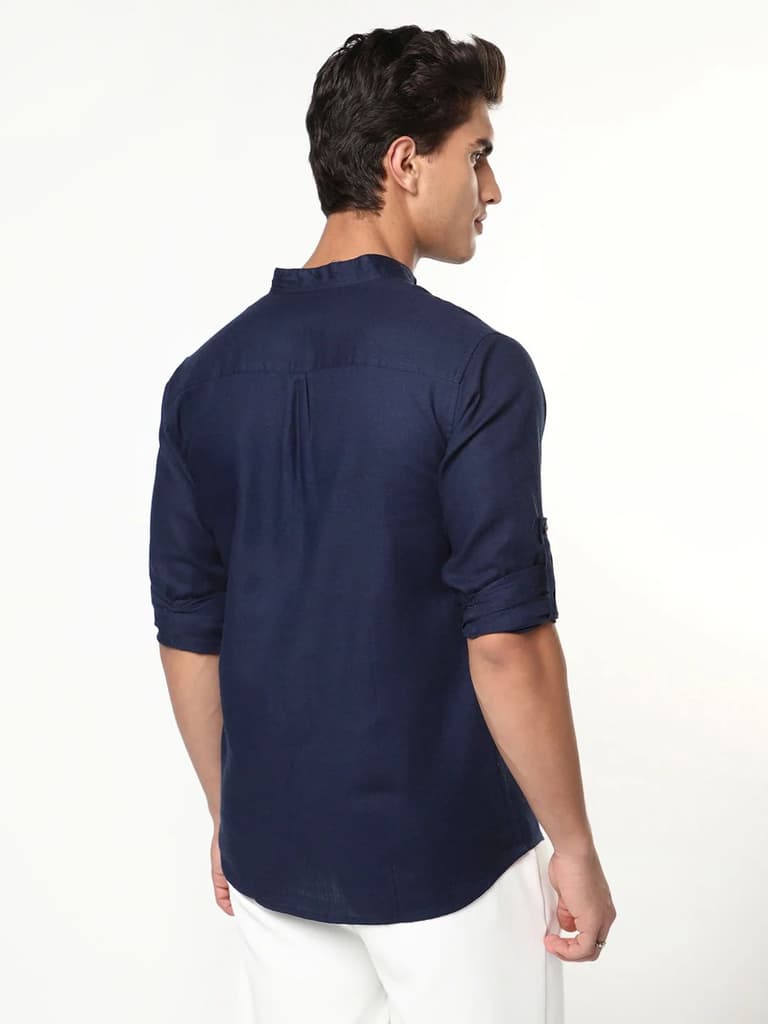 Men's Navy Linen Blend Full Sleeve Relaxed Fit Mandarin Collar Casual Solid Shirt — photo 3
