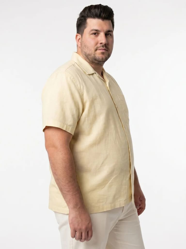 Plus Men's Tender Yellow Linen Half Sleeve Oversized Fit Shirt with Cuban Collar — photo 2