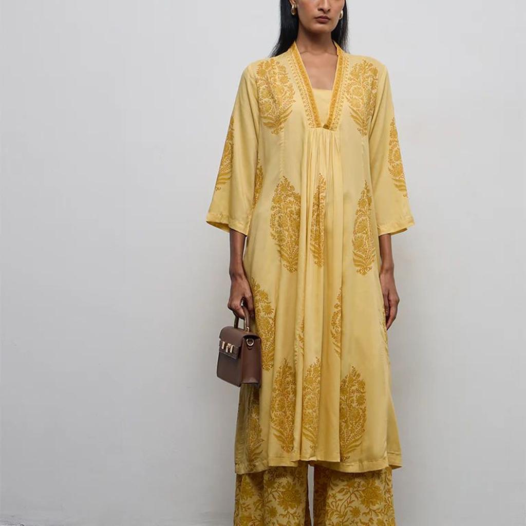 Zuba Yellow Floral Printed A-Line Kurta