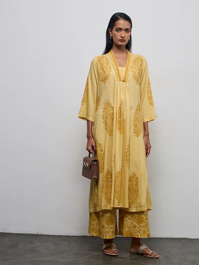 Zuba Yellow Floral Printed A-Line Kurta
