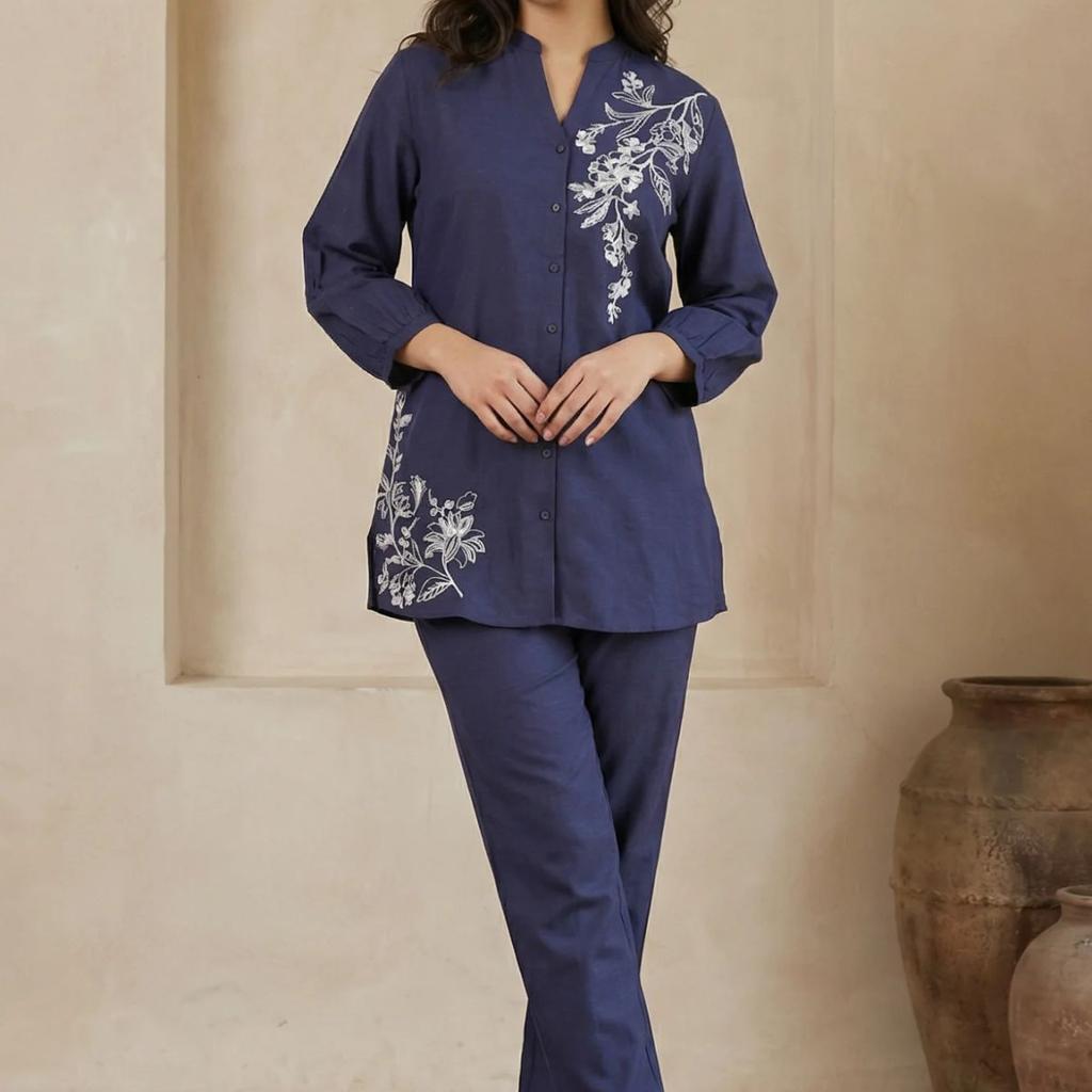 Navy Blue Embroidered Rayon Straight Shirt with Pants Co-ord Set