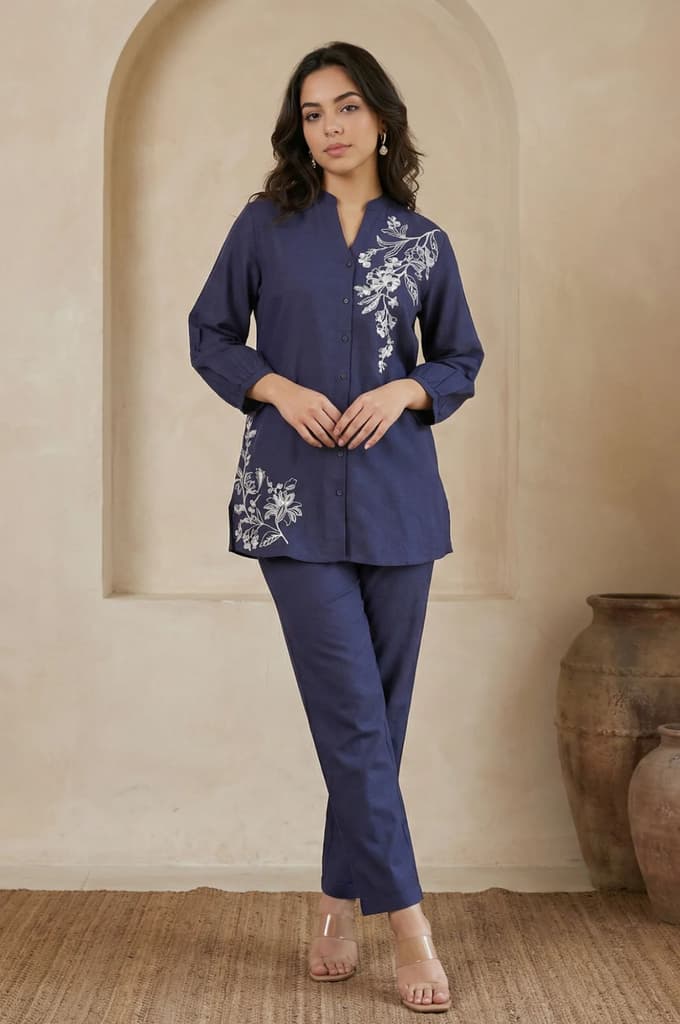 Navy Blue Embroidered Rayon Straight Shirt with Pants Co-ord Set — XS