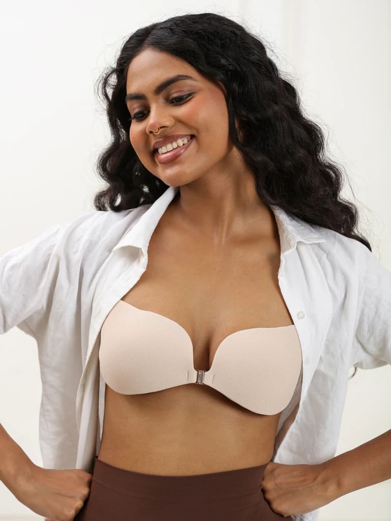 Adhesive Bra with Front Clip – Cotton, AirLock Glue, Extra Lift & Shape, Seamless Invisible Finish — Beige / S