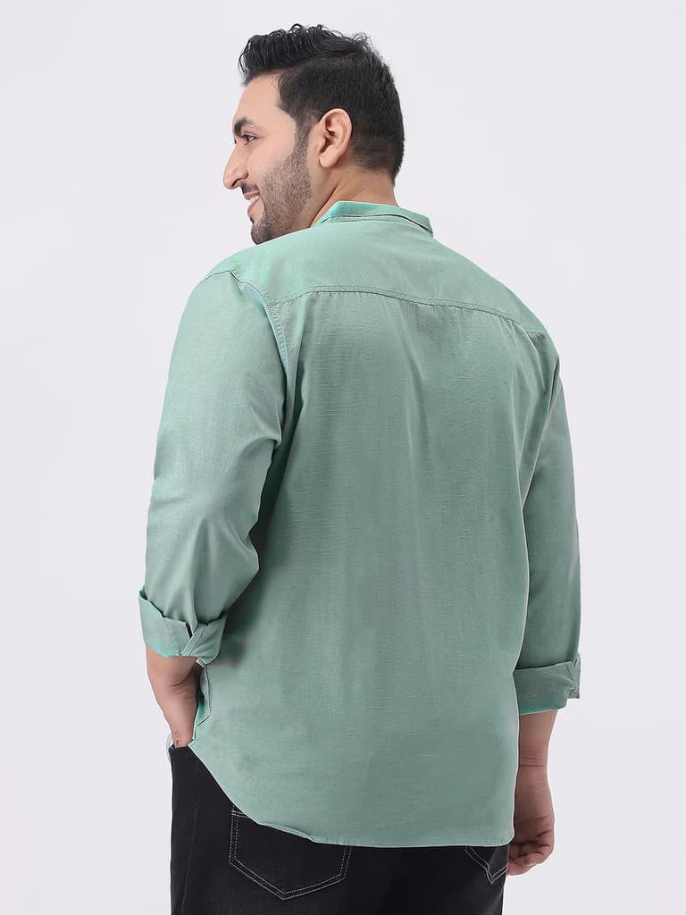 Plus Men's Mint Cotton Full Sleeve Regular Fit Casual Solid Shirt with Band Collar — photo 3