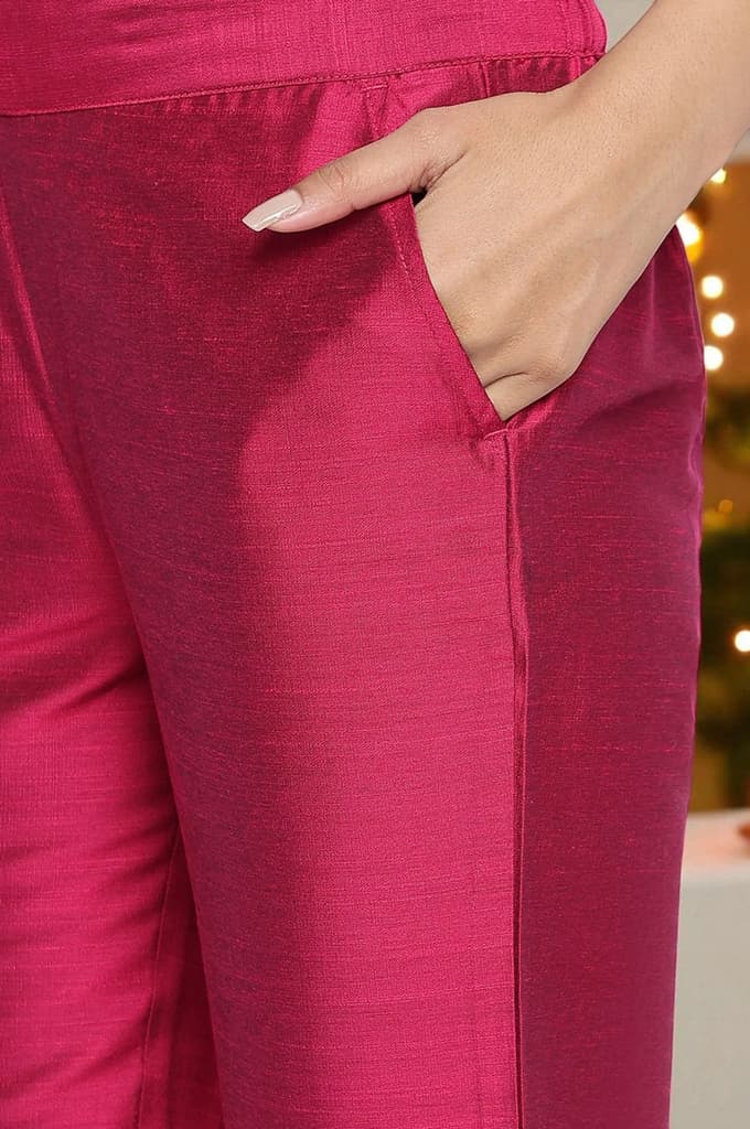 Pink Solid Mid Rise Slub Trousers in Ankle Length — photo 7