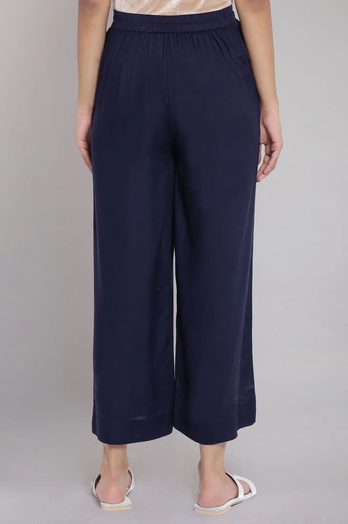 Navy Blue Solid Straight Fit Tencel Palazzo With Elasticated Waist — photo 2