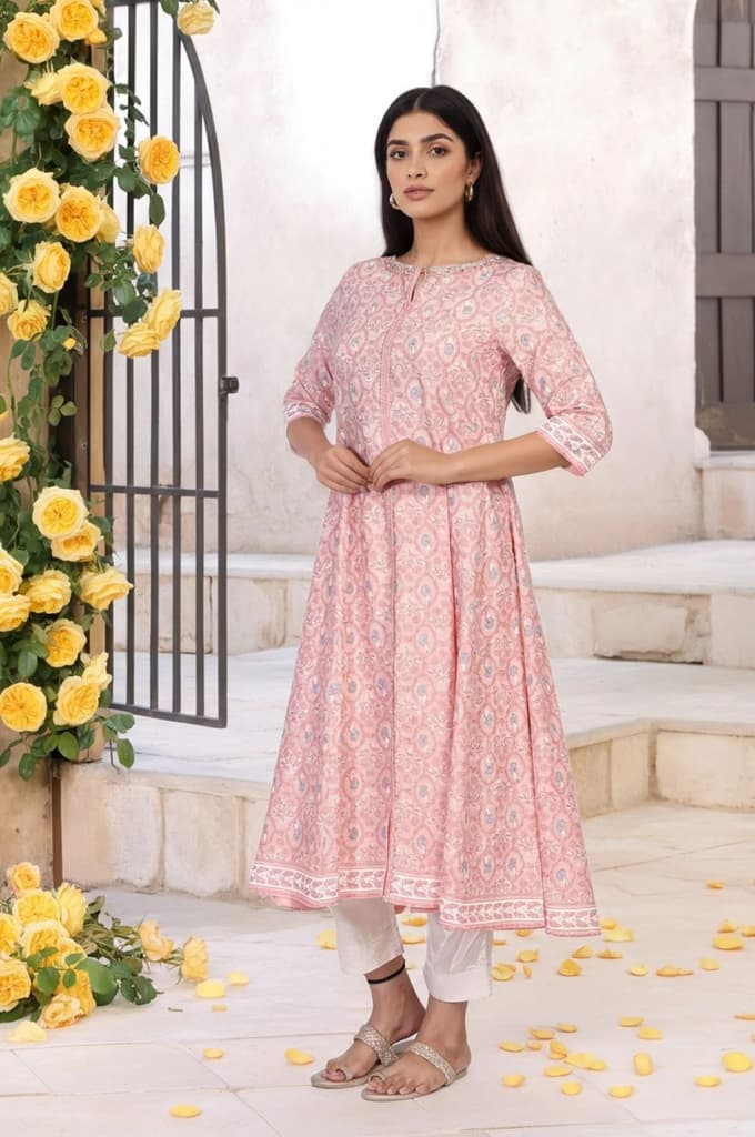 Pink Floral Ethnic Printed Embellished A-Line Rayon Kurta — photo 6