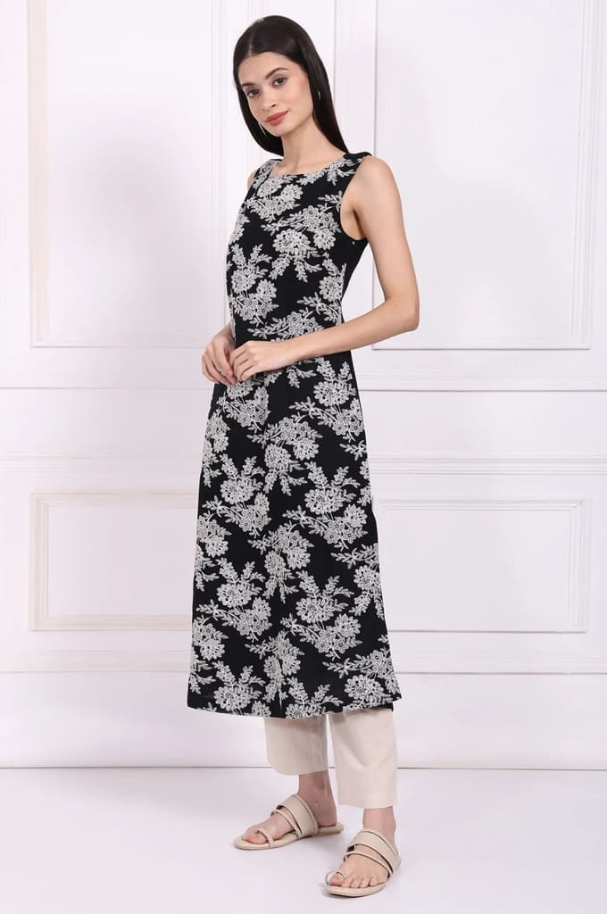 Black Embroidered A-Line Rayon Dress — photo 4
