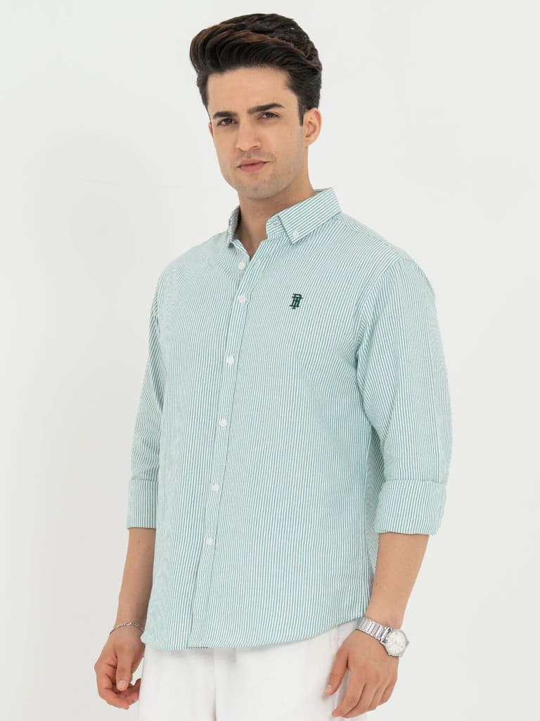 Shirts for Men in Green | Striped Oxford Full Sleeve Casual Shirt — photo 2