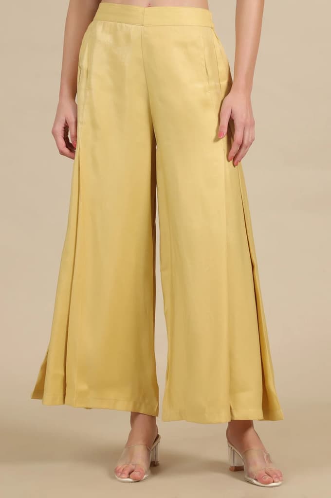 Yellow Solid Flared Rayon Palazzo With Pleats